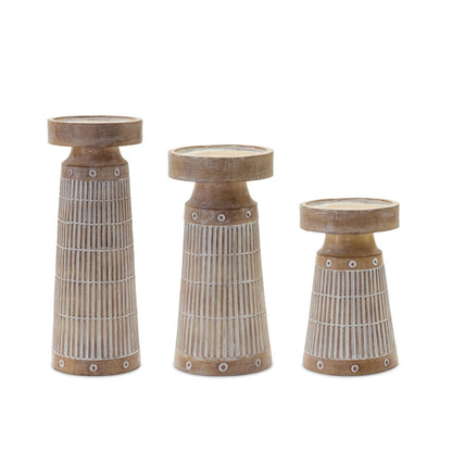 Set of Three Natural And White Distressed Geometric Polyresin Tabletop Pillar Candle Holders HomeRoots