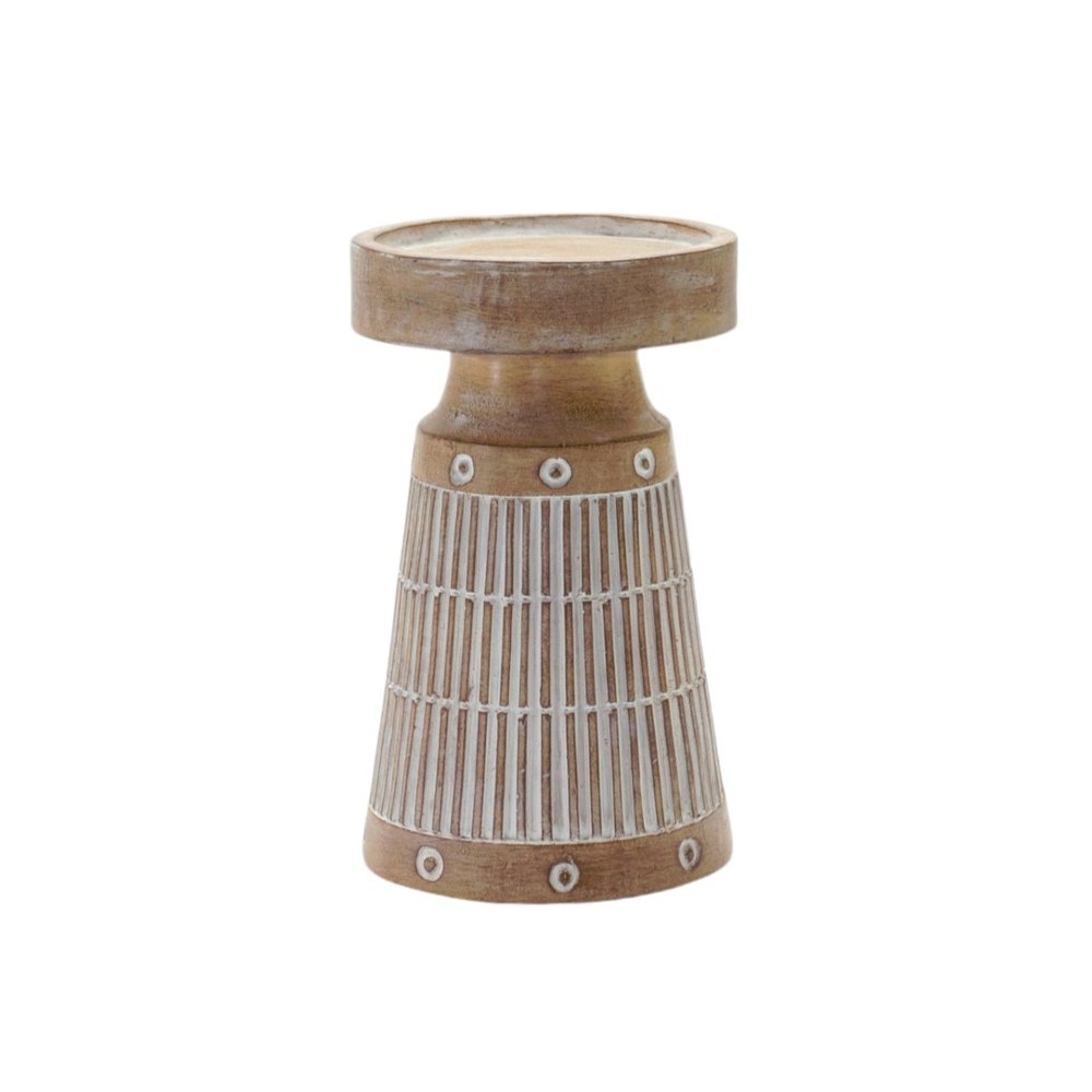 Set of Three Natural And White Distressed Geometric Polyresin Tabletop Pillar Candle Holders HomeRoots