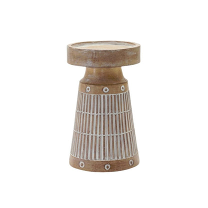 Set of Three Natural And White Distressed Geometric Polyresin Tabletop Pillar Candle Holders HomeRoots