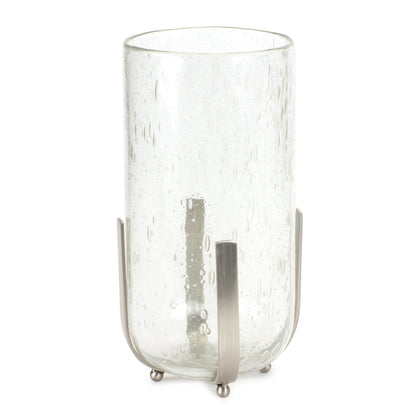 6" Silver and Clear Iron and Seeded Glass Tabletop Hurricane Candle Holder