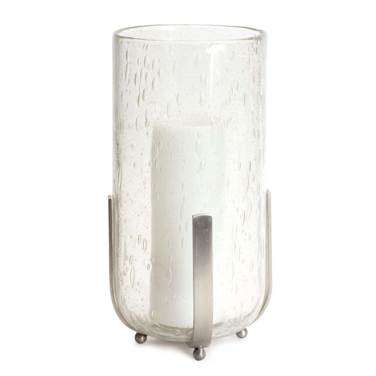 6" Silver and Clear Iron and Seeded Glass Tabletop Hurricane Candle Holder