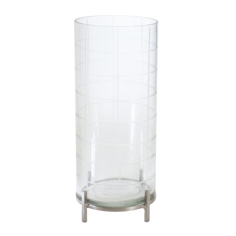 12" Silver And Clear Geometric Iron And Glass Tabletop Hurricane Candle Holder HomeRoots
