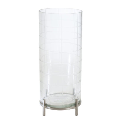 12" Silver And Clear Geometric Iron And Glass Tabletop Hurricane Candle Holder HomeRoots