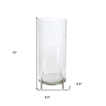 12" Silver And Clear Geometric Iron And Glass Tabletop Hurricane Candle Holder HomeRoots