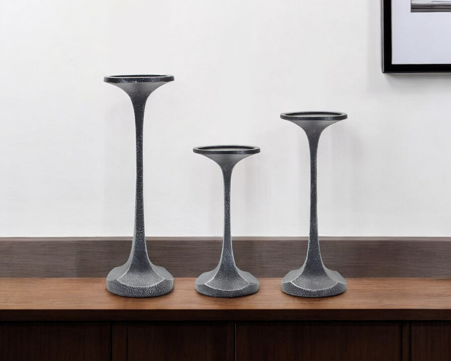 Set of Three Dark Gray Polyresin Abstract Tabletop Pillar Candle Holders