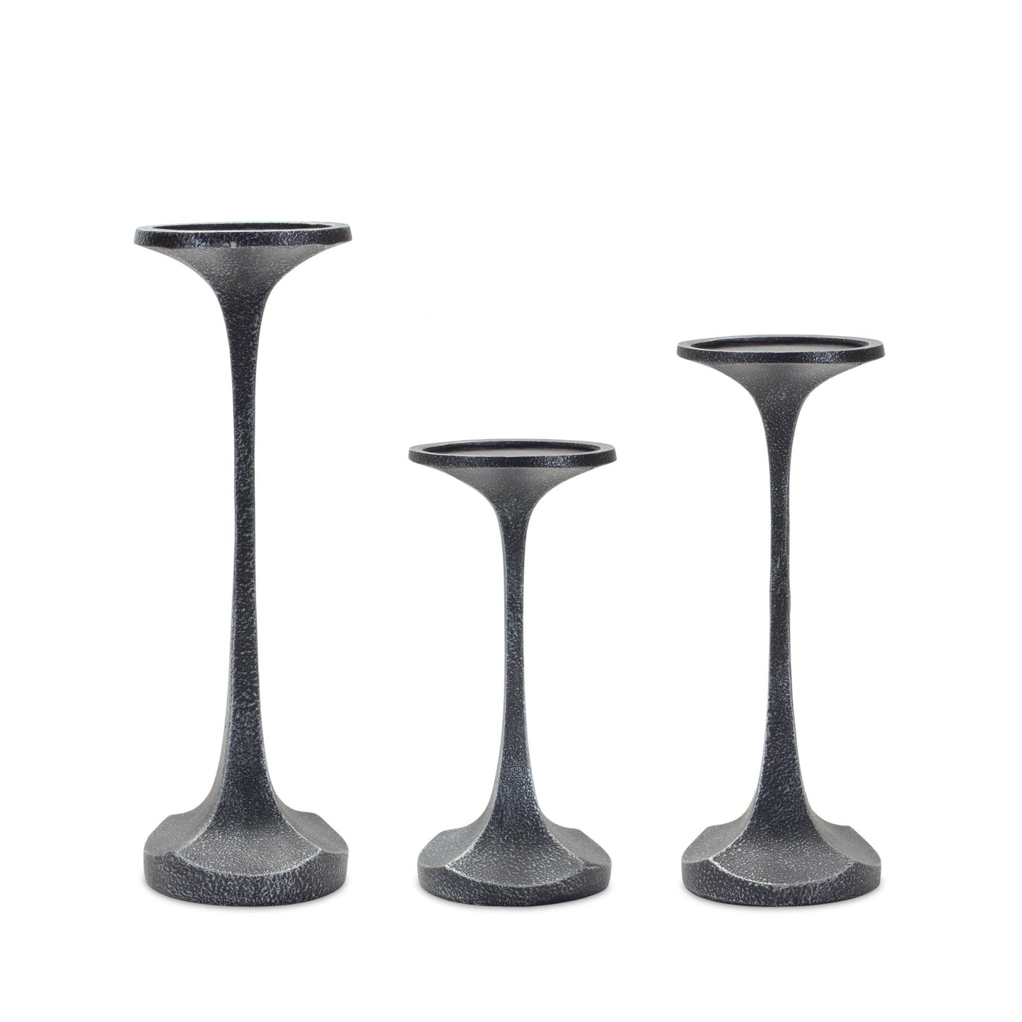 Set of Three Dark Gray Polyresin Abstract Tabletop Pillar Candle Holders