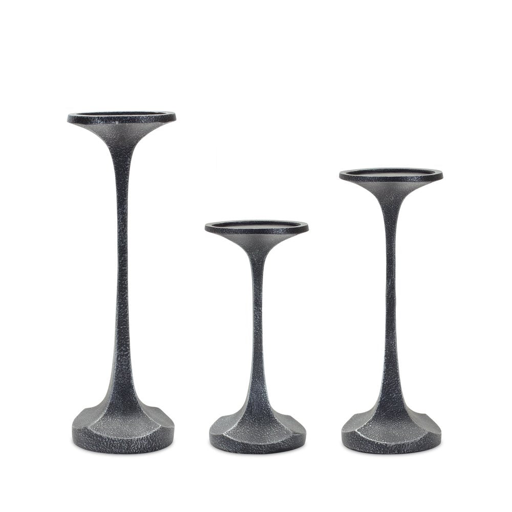 Set of Three Dark Gray Distressed Abstract Polyresin Tabletop Pillar Candle Holders HomeRoots