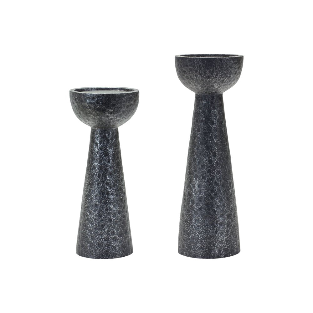 Set of Two Black Distressed Hammered Polyresin Tabletop Pillar Candle Holders HomeRoots