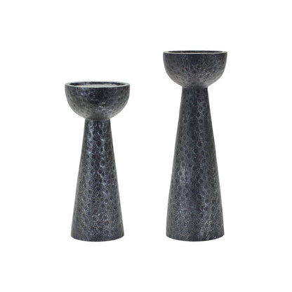 Set of Two Black Distressed Hammered Polyresin Tabletop Pillar Candle Holders HomeRoots
