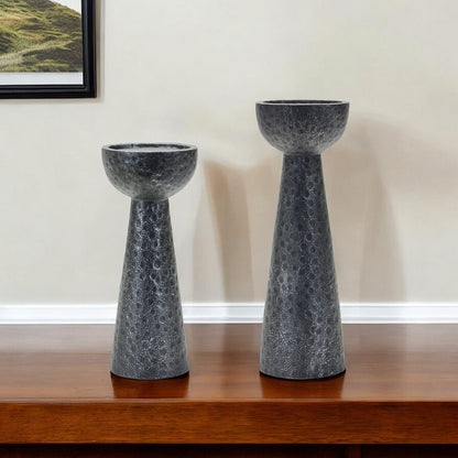 Set of Two Black Distressed Hammered Polyresin Tabletop Pillar Candle Holders HomeRoots