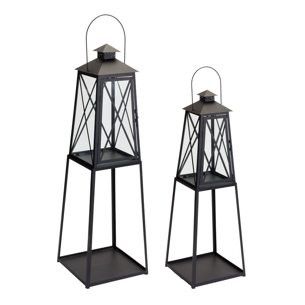 Set of Two Black Distressed Ornate Iron Tabletop Lantern Candle Holders HomeRoots