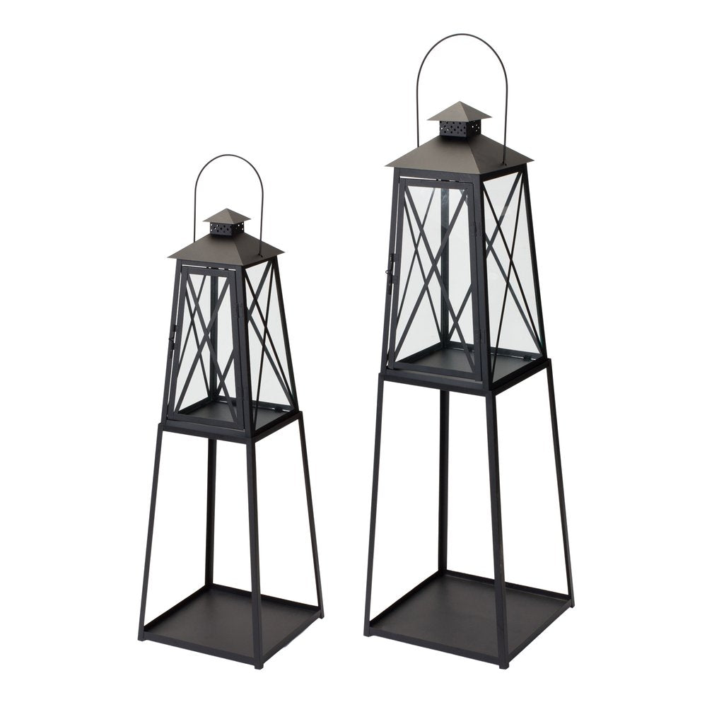 Set of Two Black Distressed Ornate Iron Tabletop Lantern Candle Holders HomeRoots
