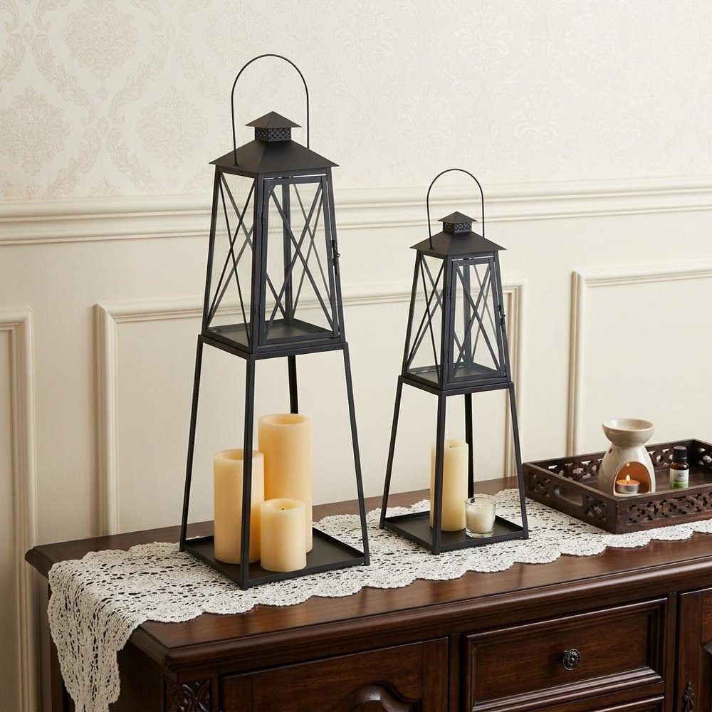 Set of Two Black Distressed Ornate Iron Tabletop Lantern Candle Holders HomeRoots