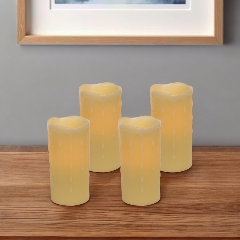 Set of Four Yellow Flameless Pillar Candles HomeRoots