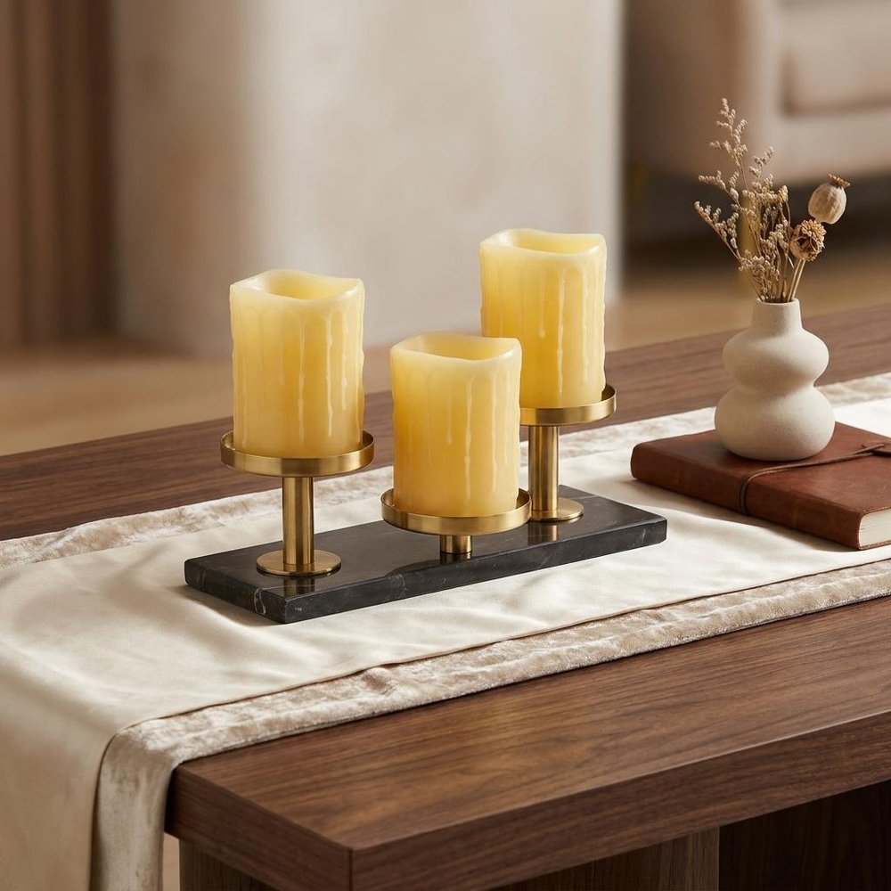 Set of Three Yellow Flameless Pillar Candle HomeRoots