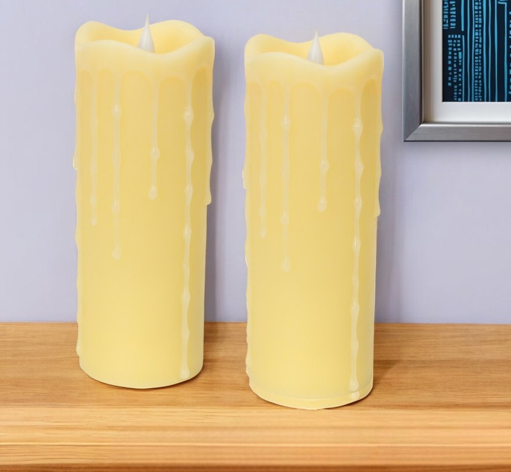 Set of Two Yellow Flameless Pillar Candles HomeRoots