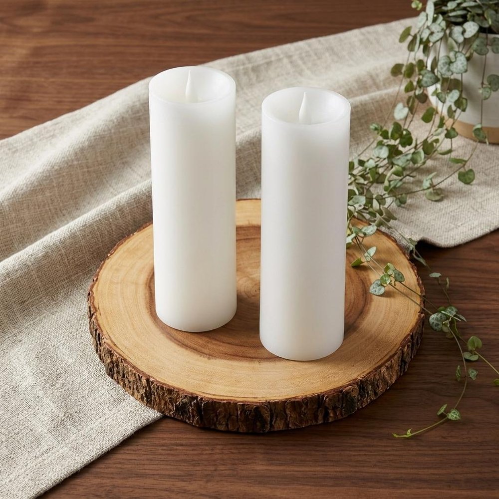 Set of Two White Flameless Pillar Candles HomeRoots