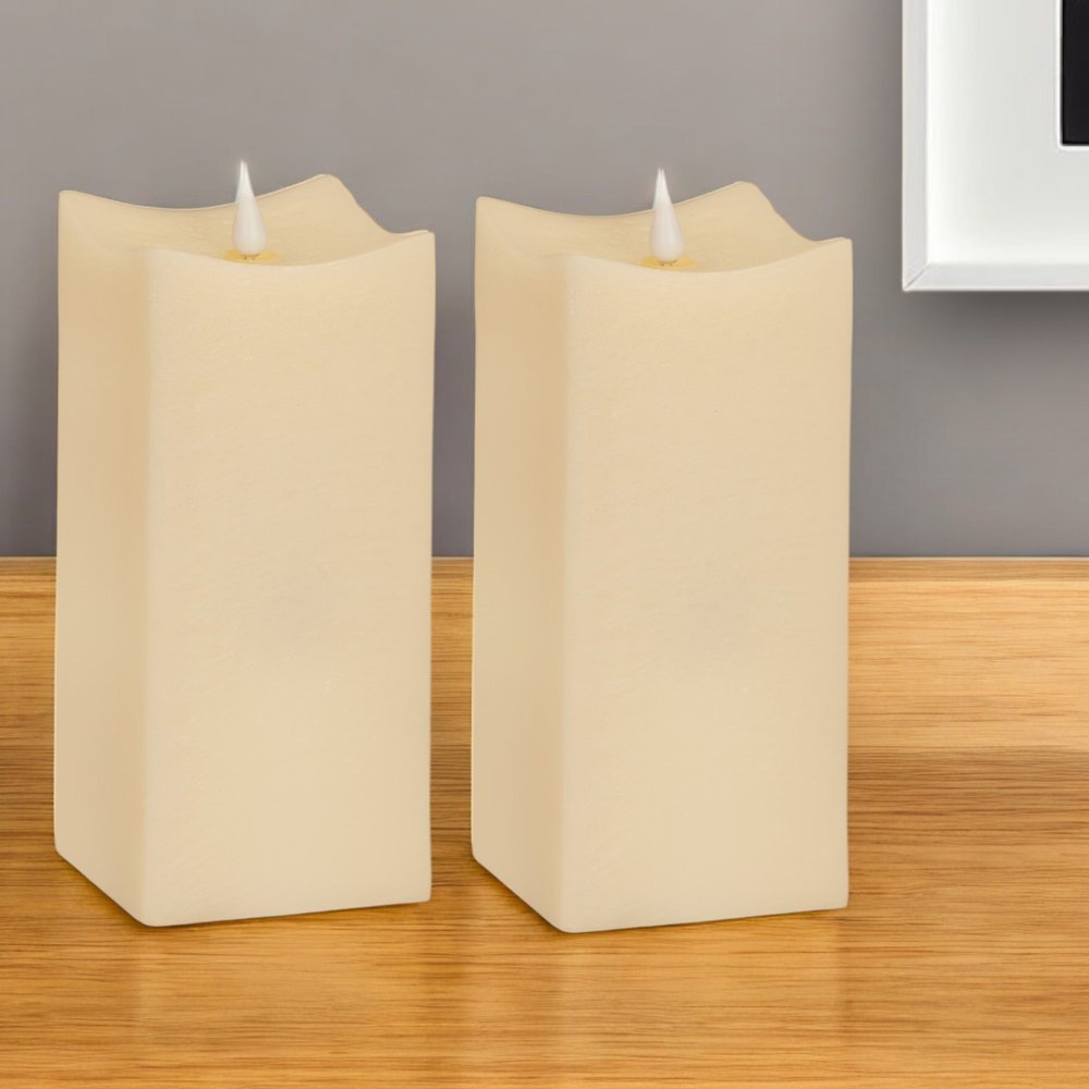 Set of Two Beige Square Flameless Pillar Candles HomeRoots
