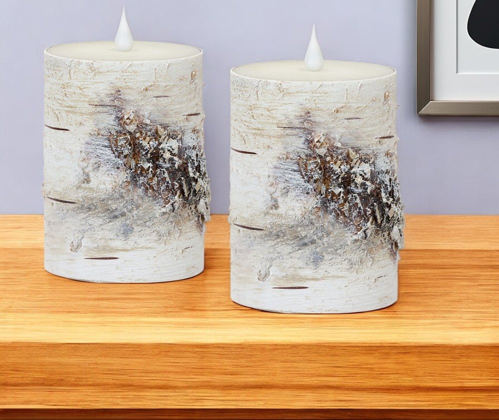Set of Two Beige and Ivory Faux Birchwood Flameless Pillar Candle HomeRoots