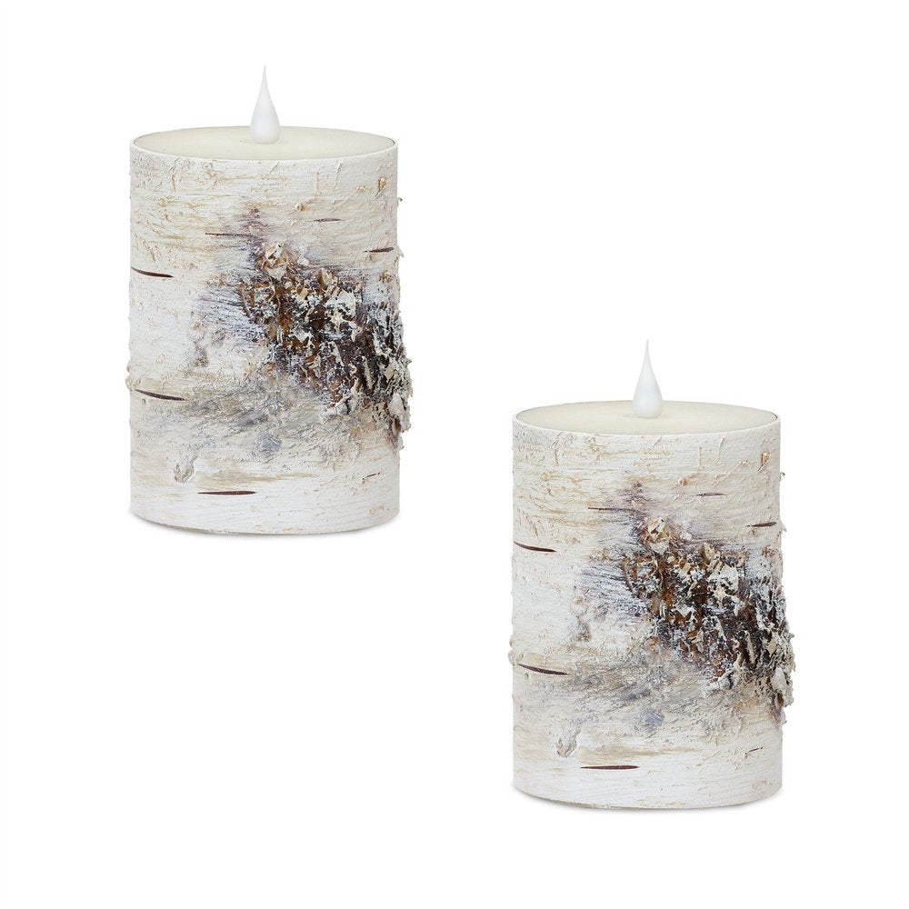 Set of Two Beige and Ivory Faux Birchwood Flameless Pillar Candle HomeRoots