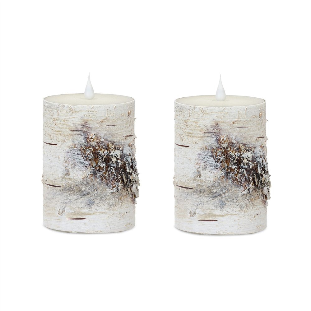 Set of Two Beige and Ivory Faux Birchwood Flameless Pillar Candle HomeRoots
