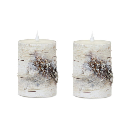 Set of Two Beige and Ivory Faux Birchwood Flameless Pillar Candle HomeRoots