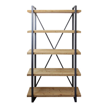 78" Natural Wood and Metal Five Tier Modern Industrial Bookcase - FurniFindUSA