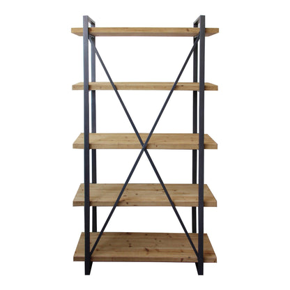 78" Natural Wood and Metal Five Tier Modern Industrial Bookcase - FurniFindUSA