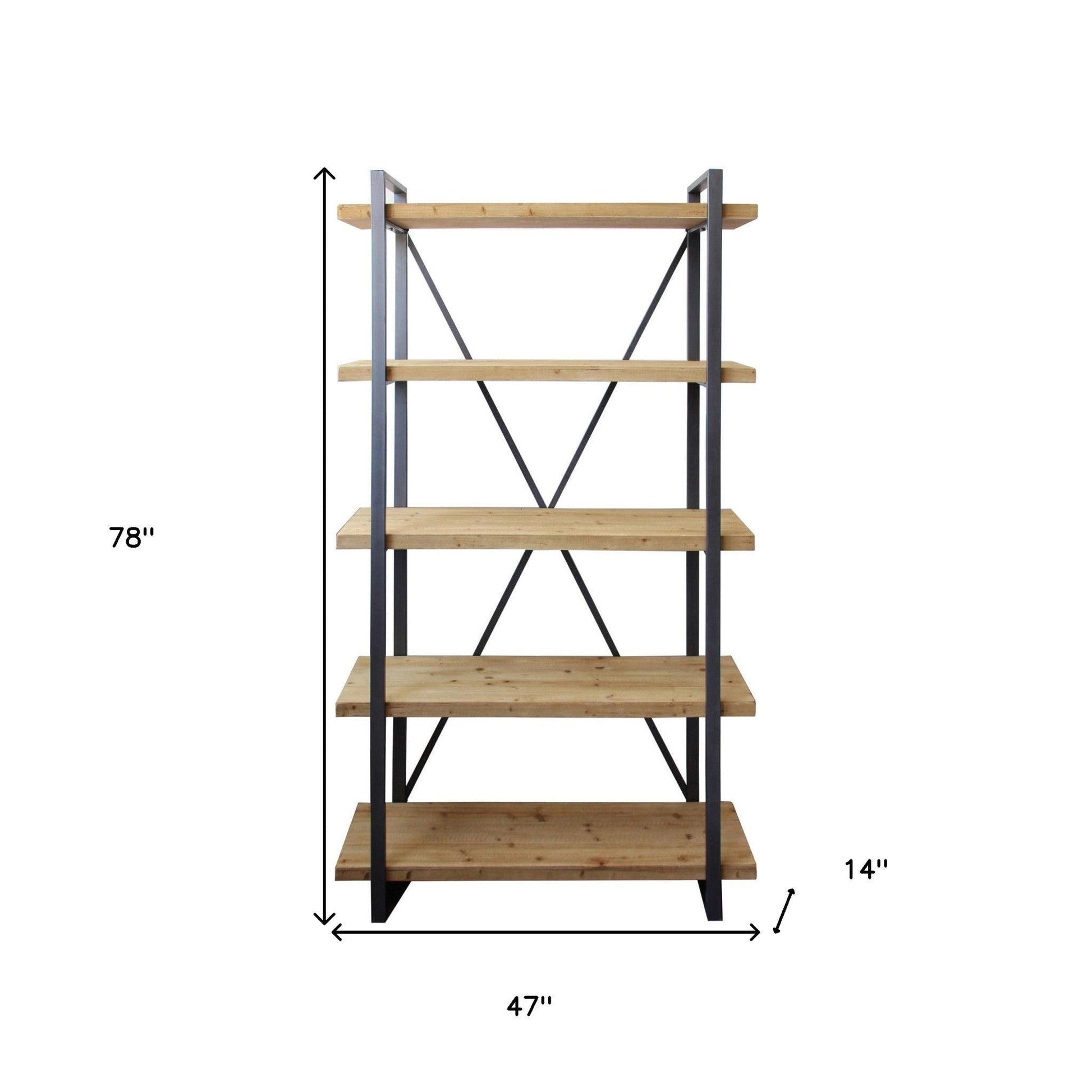 78" Natural Wood and Metal Five Tier Modern Industrial Bookcase - FurniFindUSA