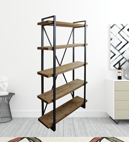 78" Natural Wood and Metal Five Tier Modern Industrial Bookcase - FurniFindUSA