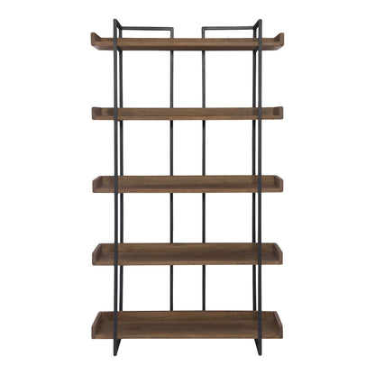 75" Brown and Black Metal and Wood Five Tier Bookcase