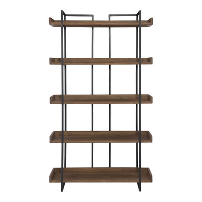 75" Black And Brown Metal and Wood Five Tier Bookcase HomeRoots