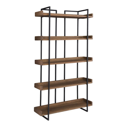75" Black And Brown Metal and Wood Five Tier Bookcase HomeRoots