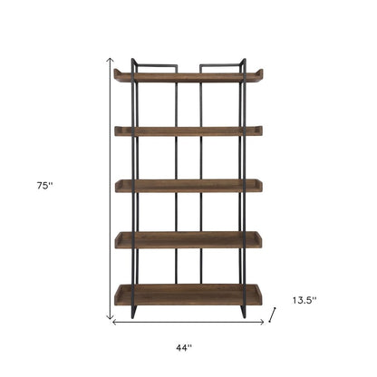 75" Black And Brown Metal and Wood Five Tier Bookcase HomeRoots
