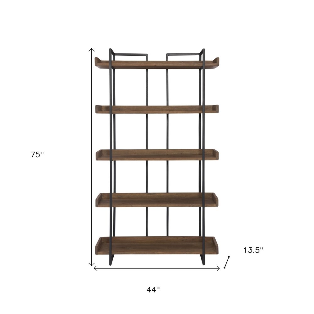 75" Black And Brown Metal and Wood Five Tier Bookcase HomeRoots