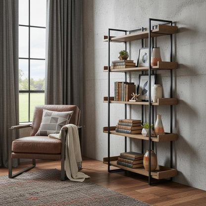 75" Black And Brown Metal and Wood Five Tier Bookcase HomeRoots