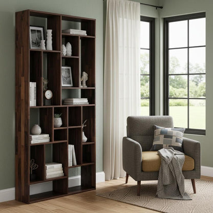 86" Brown And Natural Solid Wood and Wood Ten Tier Bookcase HomeRoots