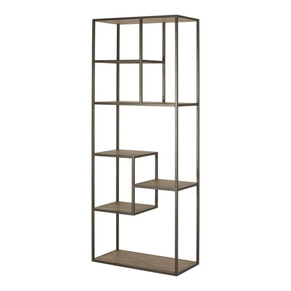 79" Brown Metal and Wood Seven Tier Bookcase - FurniFindUSA