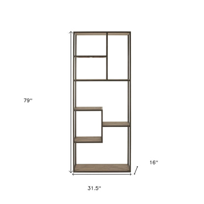 79" Brown Metal and Wood Seven Tier Bookcase - FurniFindUSA