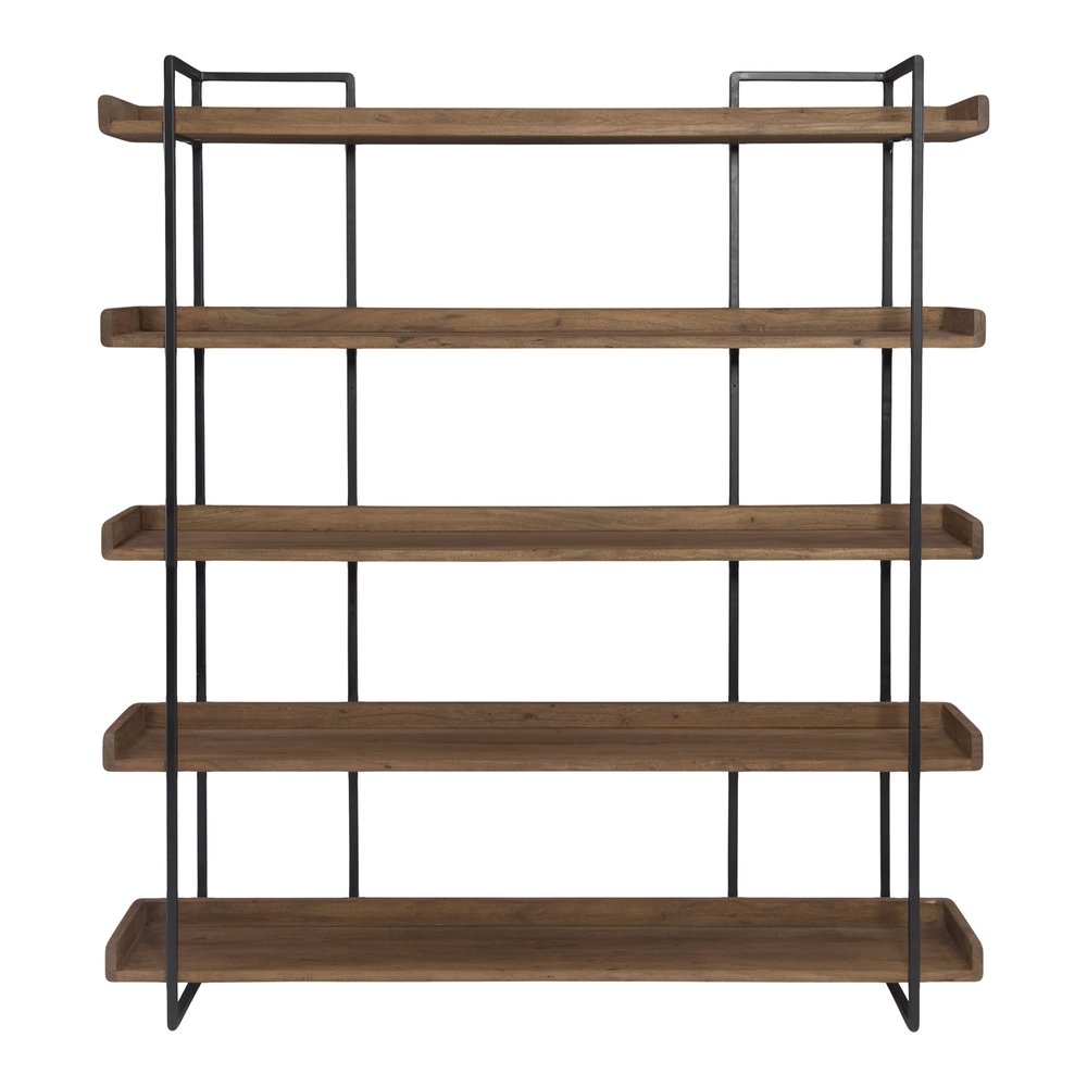 76" Brown and Black Metal and Wood Five Tier Bookcase HomeRoots