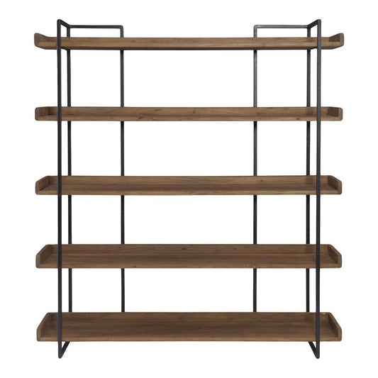 76" Brown and Black Metal and Wood Five Tier Bookcase HomeRoots