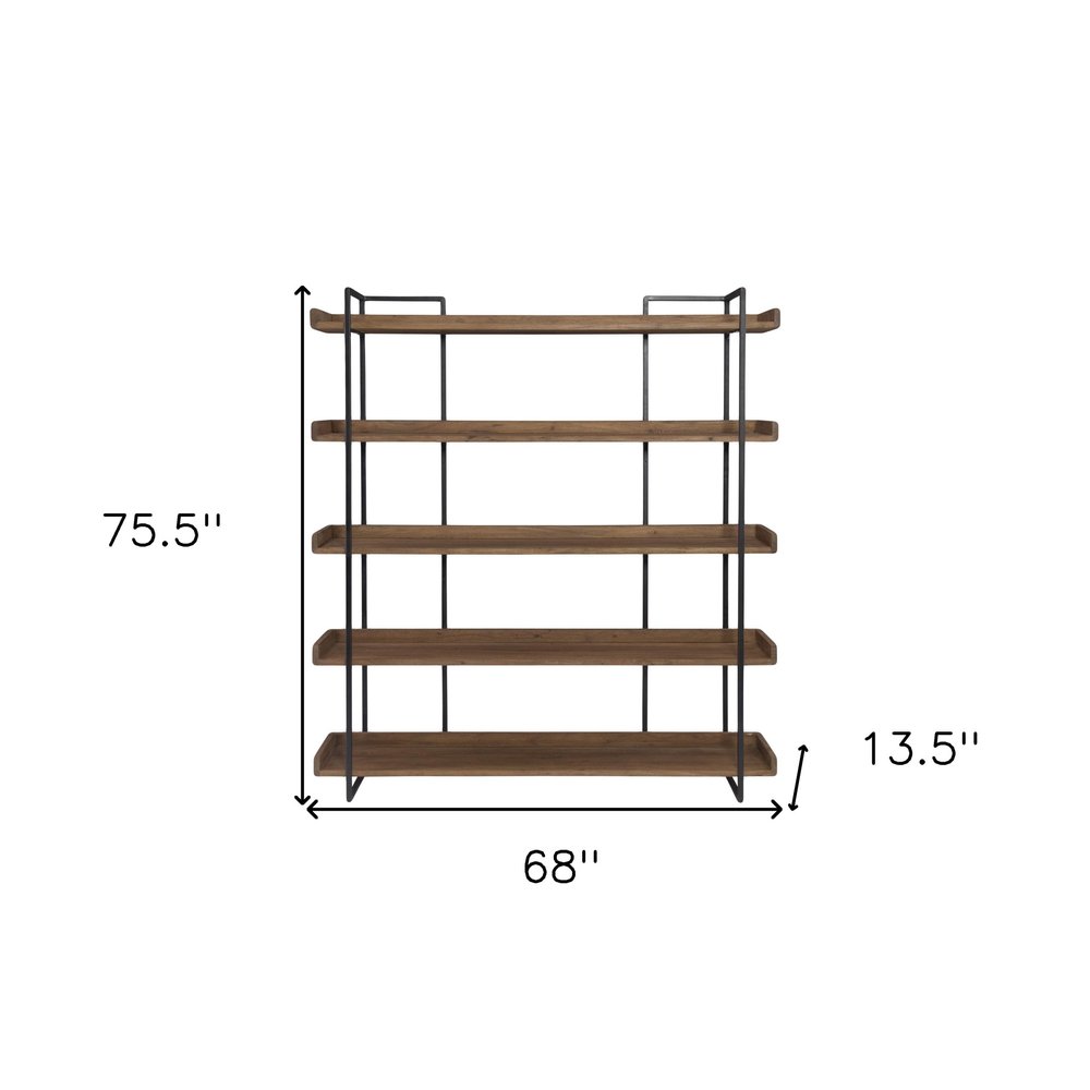 76" Brown and Black Metal and Wood Five Tier Bookcase HomeRoots