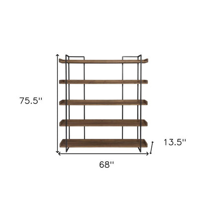 76" Brown and Black Metal and Wood Five Tier Bookcase HomeRoots