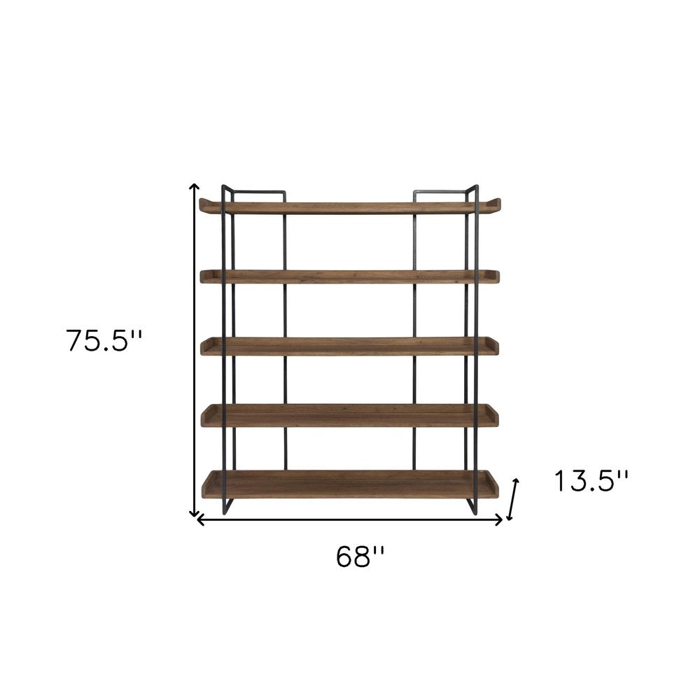 76" Brown and Black Metal and Wood Five Tier Bookcase HomeRoots