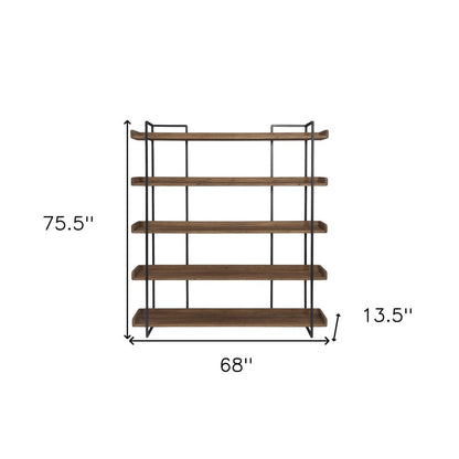 76" Brown and Black Metal and Wood Five Tier Bookcase HomeRoots