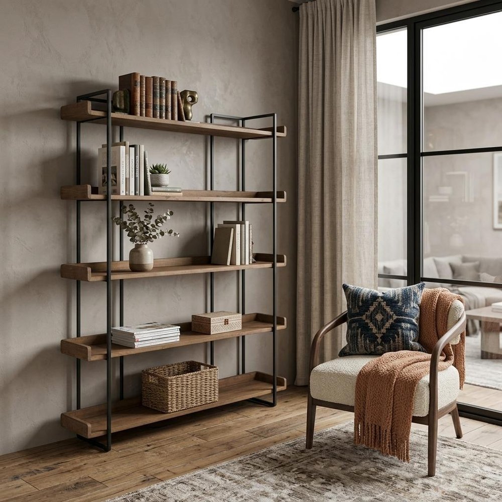 76" Brown and Black Metal and Wood Five Tier Bookcase HomeRoots