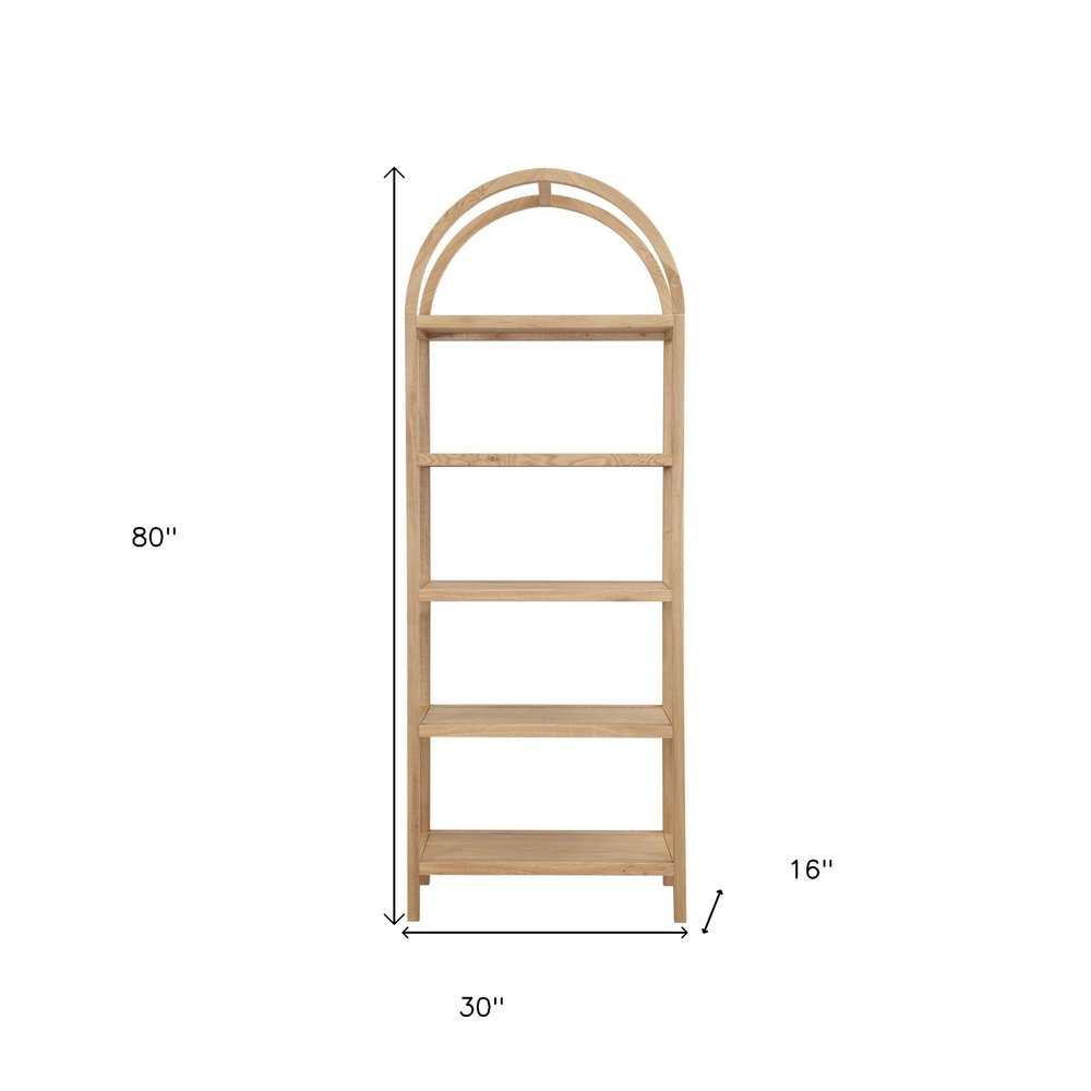 80" Natural Wood Five Tier Arched Top Bookcase HomeRoots