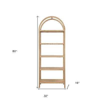 80" Natural Wood Five Tier Arched Top Bookcase HomeRoots