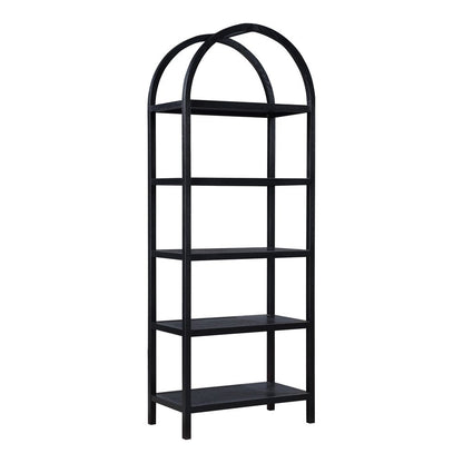 80" Black Oak Wood Five Tier Arched Top Bookcase HomeRoots
