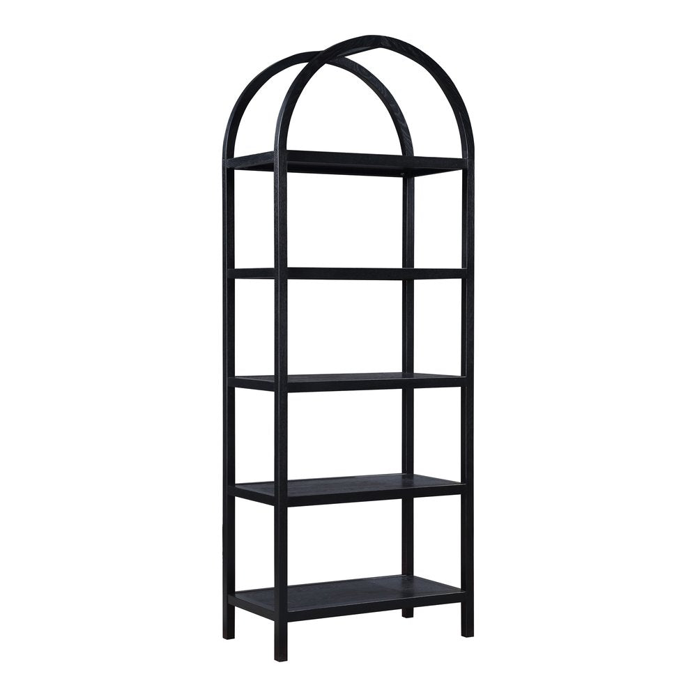 80" Black Oak Wood Five Tier Arched Top Bookcase HomeRoots